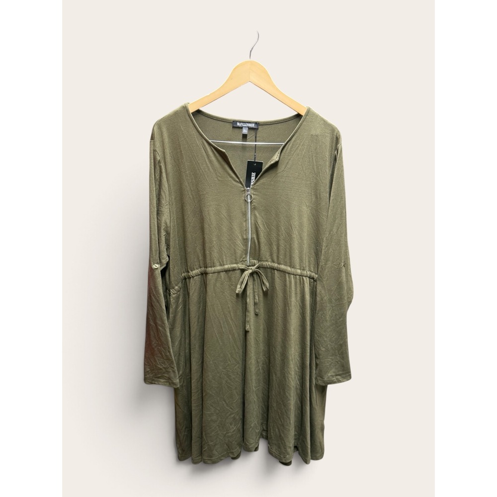 Manllenshie Women 3XL Khaki Green Zip Neck Drawstring Tunic Dress NWT